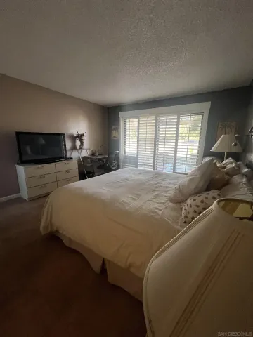 a bedroom with a large bed and tv