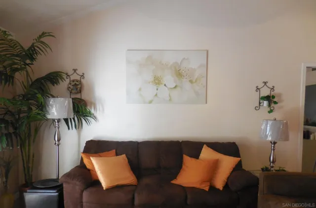 a living room with furniture and a potted plant