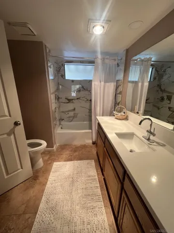 a bathroom with a sink a toilet a mirror and shower