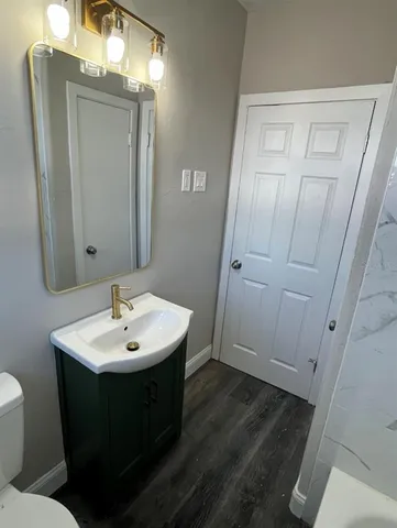 a bathroom with a sink toilet and mirror