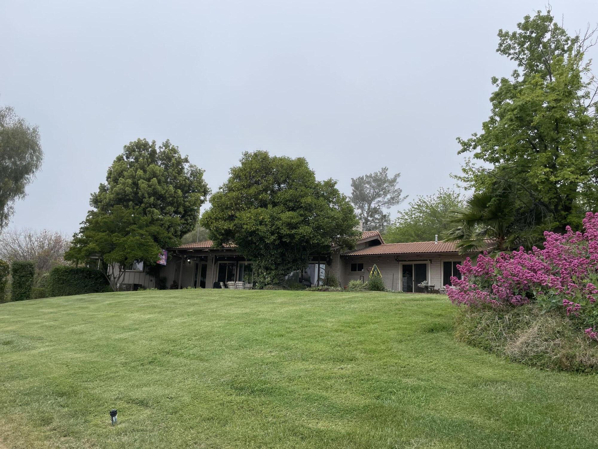a backyard of a house with table and chairs and large trees