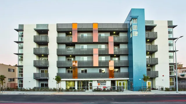 a front view of a multi story building