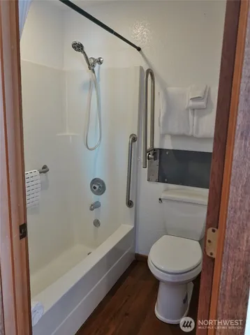 a bathroom with a toilet and a shower