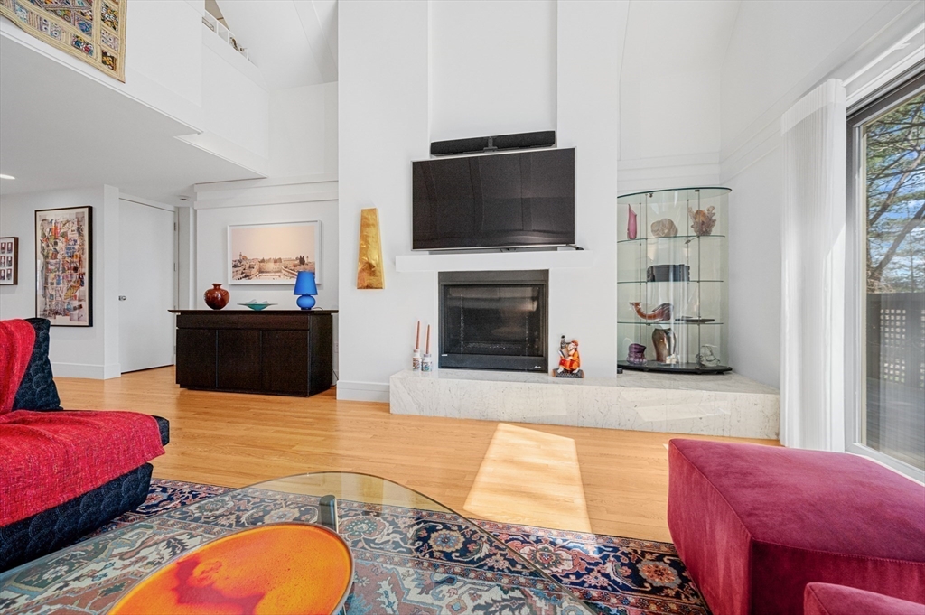 277 Nahanton Street, Unit 277 Newton, MA 02459 - Photo 6 of 39 a living room with furniture flat screen tv and a fireplace