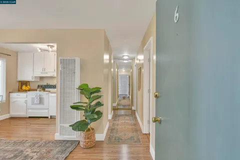 a view of a hallway with wooden floor and a potted plant
