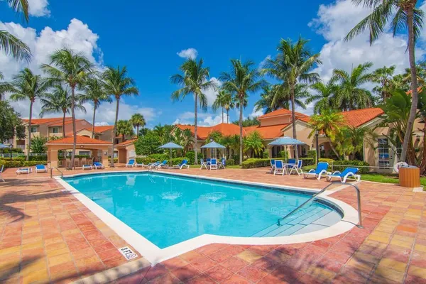a view of a swimming pool with a lawn chairs under palm trees