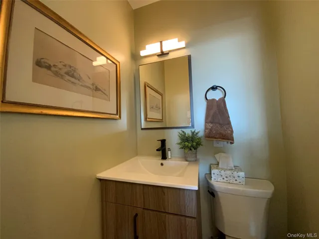 a bathroom with a sink mirror and toilet