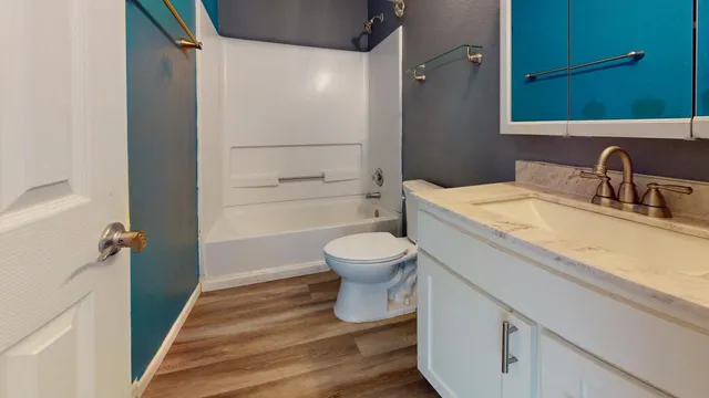 a bathroom with a sink a toilet and shower