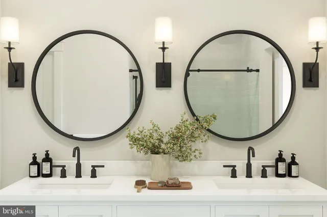wooden floor view of a bathroom with a mirror and bathtub