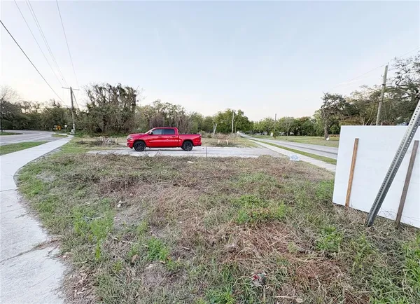 a view of a field with large trees