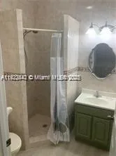 a bathroom with a sink mirror and a shower