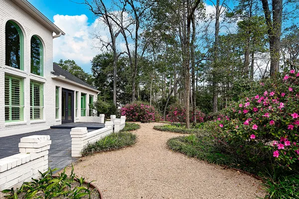a garden with a bench and trees