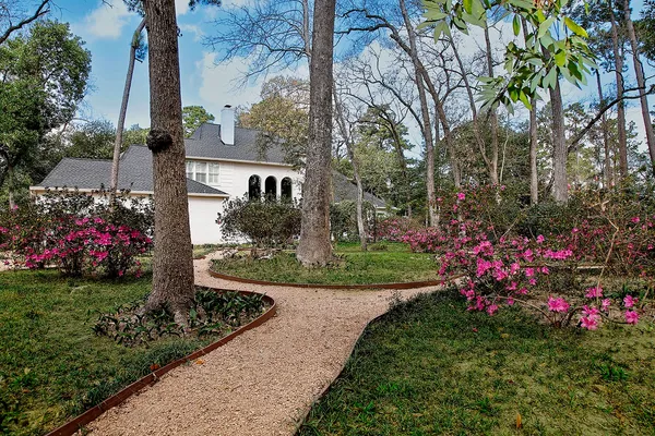 a view of a garden with flowers and trees