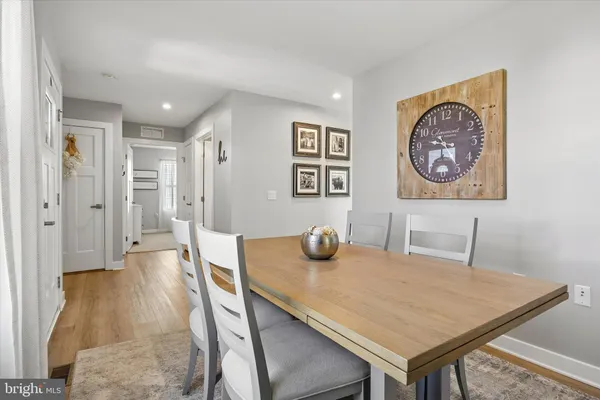 a view of a dining area with furniture and wooden floor
