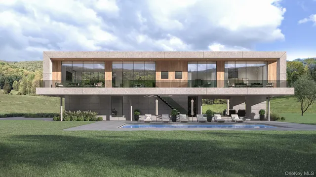 a view of a building with a big yard potted plants and large trees