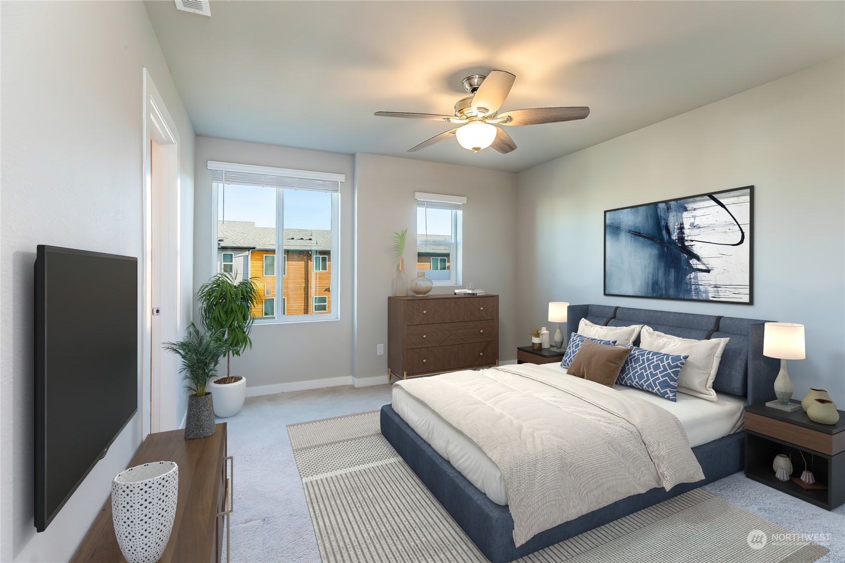 19308 35th Drive Southeast, Unit D Bothell, WA 98012 - Photo 14 of 32 a bedroom with a large bed and a chandelier