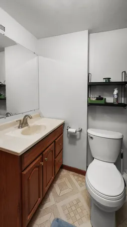 a bathroom with a sink toilet and a mirror