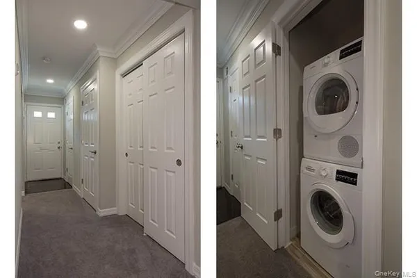 a view of a hallway with washer and dryer