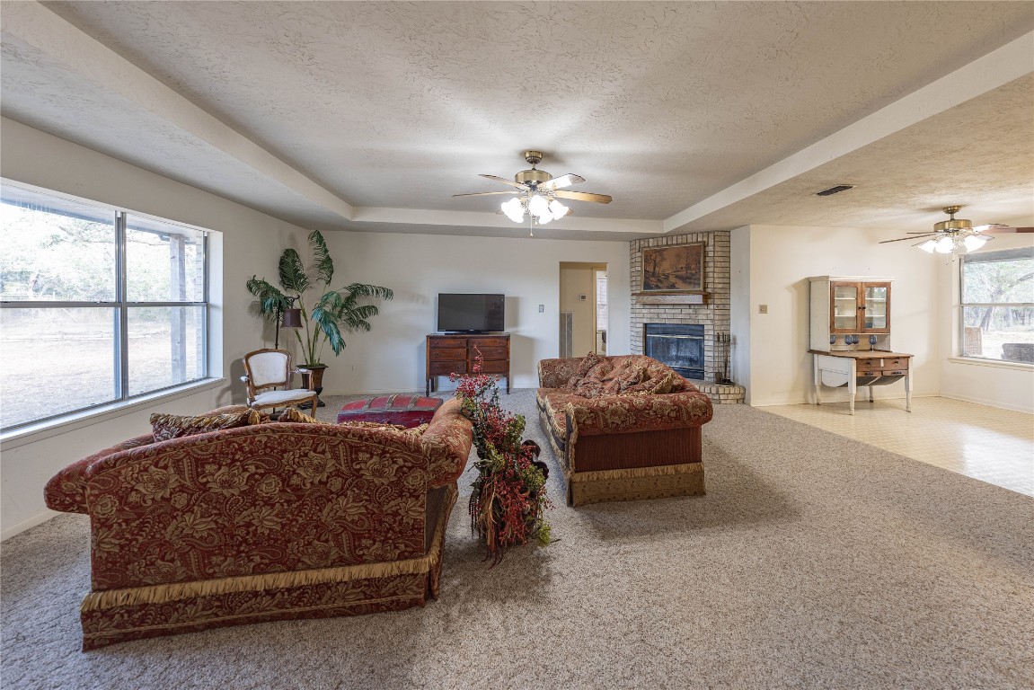 2501 Fischer Store Road Wimberley, TX 78676 - Photo 13 of 37 Living room with a raised ceiling, a fireplace, a ceiling fan, a textured ceiling, and carpet floors