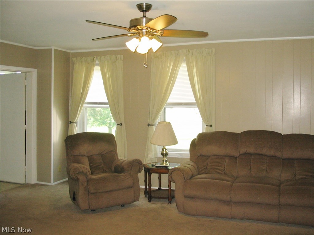 6395 Waterloo Road Atwater, OH 44201 - Photo 6 of 34 Living Room with carpet and ceiling fan