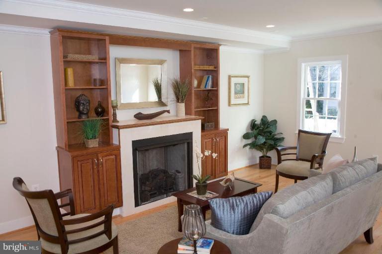 Living room with custom-built wall unit.