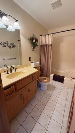 a bathroom with a sink a toilet a mirror and shower curtain