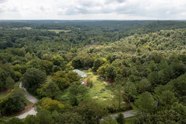 an aerial view of residential houses with outdoor space and trees