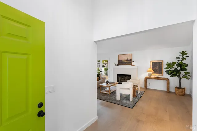 a living room with furniture a fireplace and a potted plant