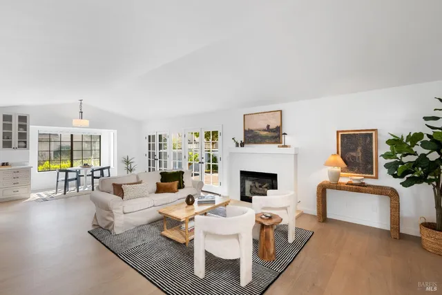 a living room with furniture a fireplace and a potted plant
