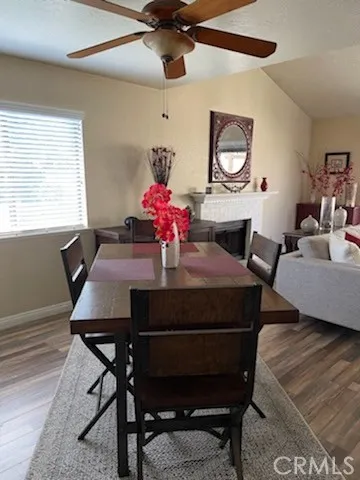 a view of a dining room with furniture