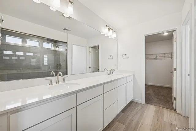 a bathroom with a double vanity sink mirror and shower