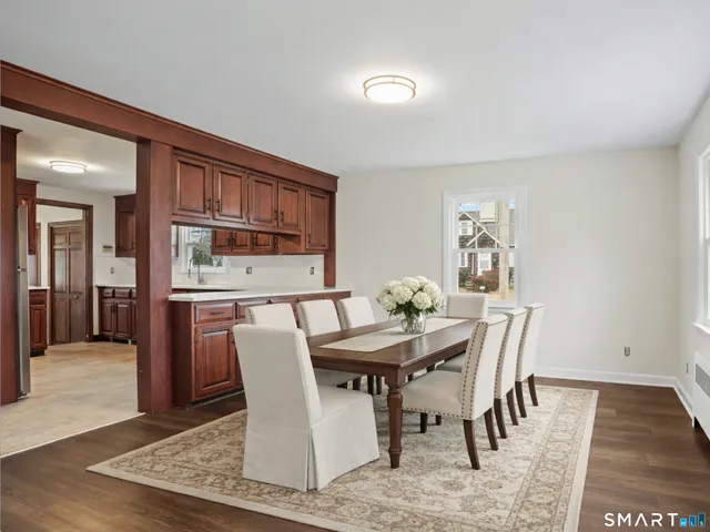 a view of a dining room with furniture