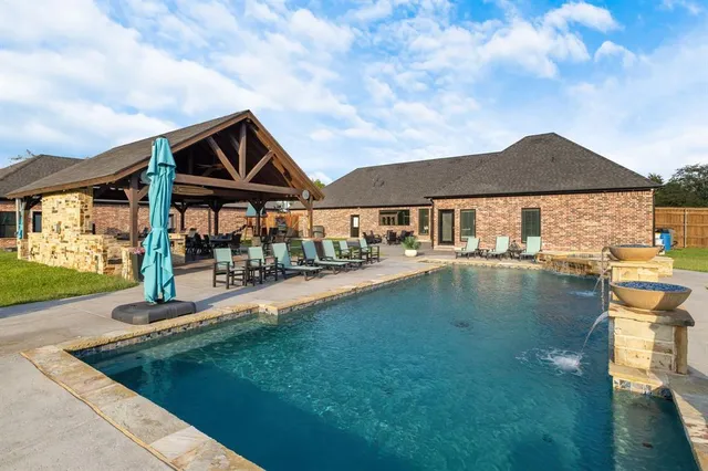 an outdoor space with furniture