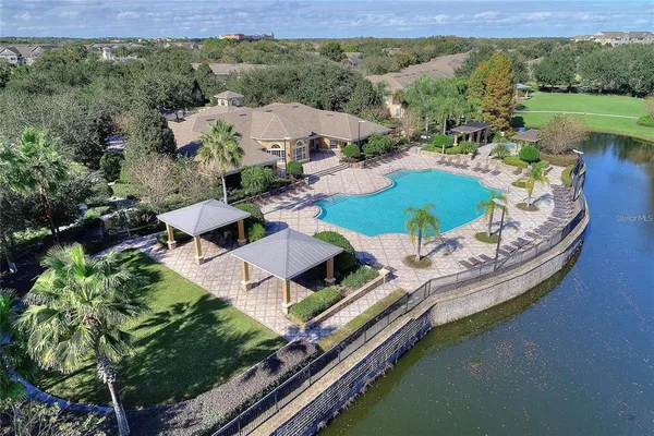 an aerial view of a house with a garden