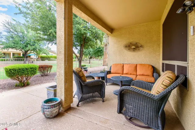 a building outdoor space with patio furniture