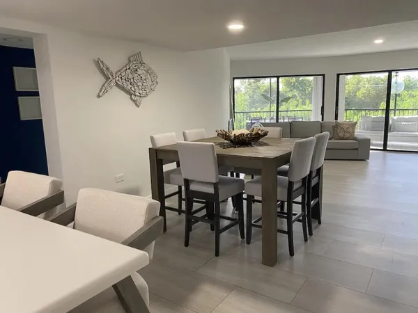a view of a dining room with furniture window and outside view