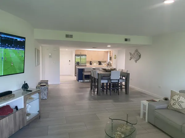 a view of a dining room with furniture