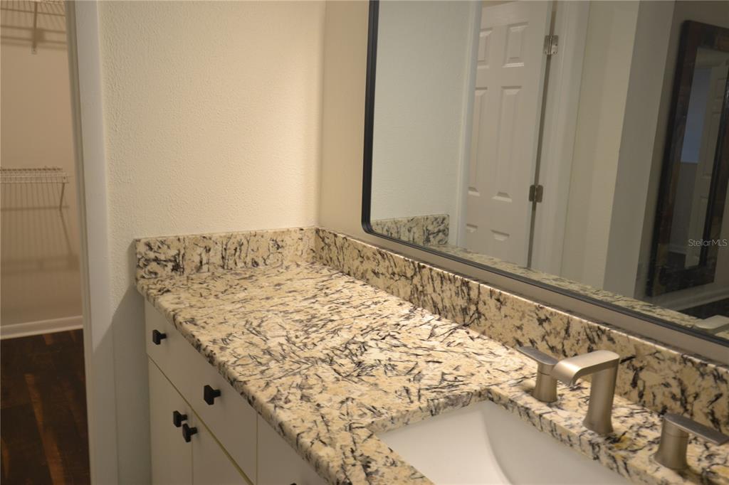 2585 Countryside Boulevard, Unit 4307 Clearwater, FL 33761 - Photo 25 of 32 a bathroom with a granite countertop sink and a mirror