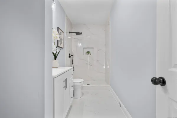 a bathroom with a granite countertop toilet