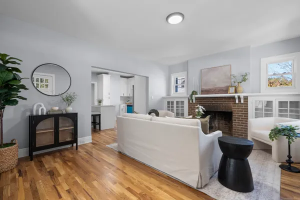 a living room with furniture a fireplace and a potted plant