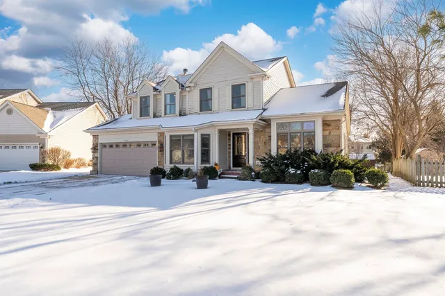 a view of a white house with a large tree and plants