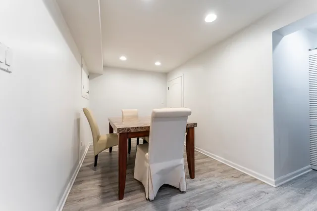 a view of a dining room with furniture