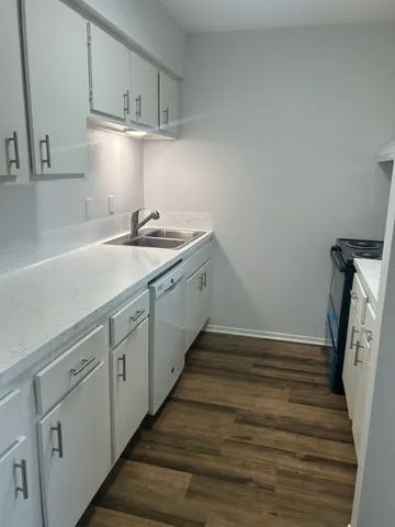 a kitchen with a sink and cabinets