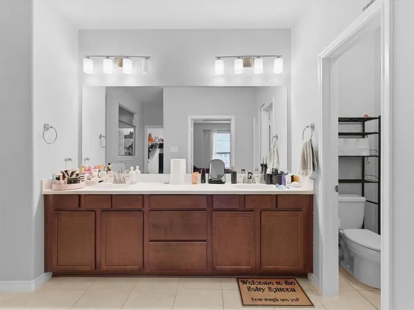 a bathroom with a sink vanity toilet and a mirror
