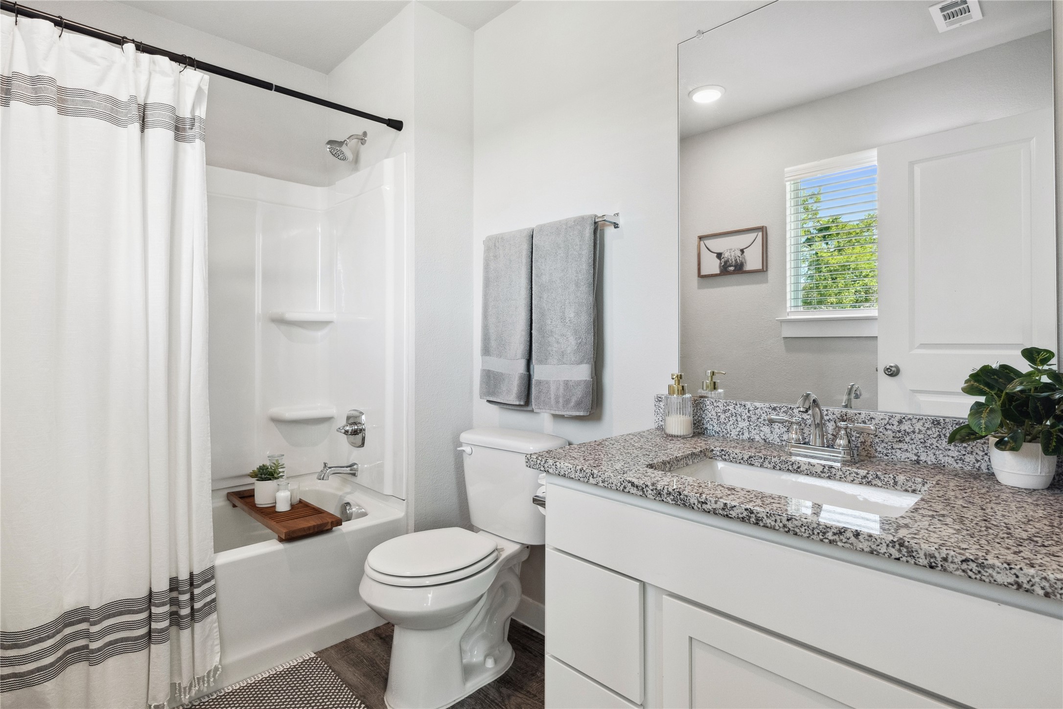 523 Powell Drive Leander, TX 78641 - Photo 22 of 25 a bathroom with a granite countertop sink a toilet a mirror and shower curtain