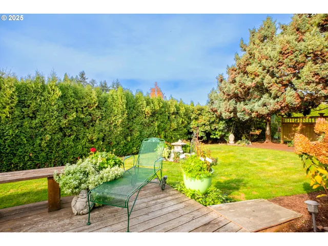 a view of a garden with an outdoor space