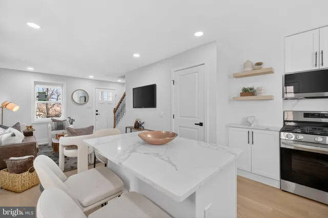 a kitchen with a table chairs stove and microwave