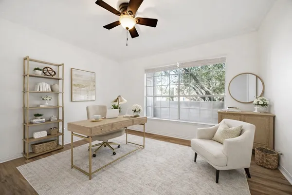 a living room with furniture a rug potted plant and a window