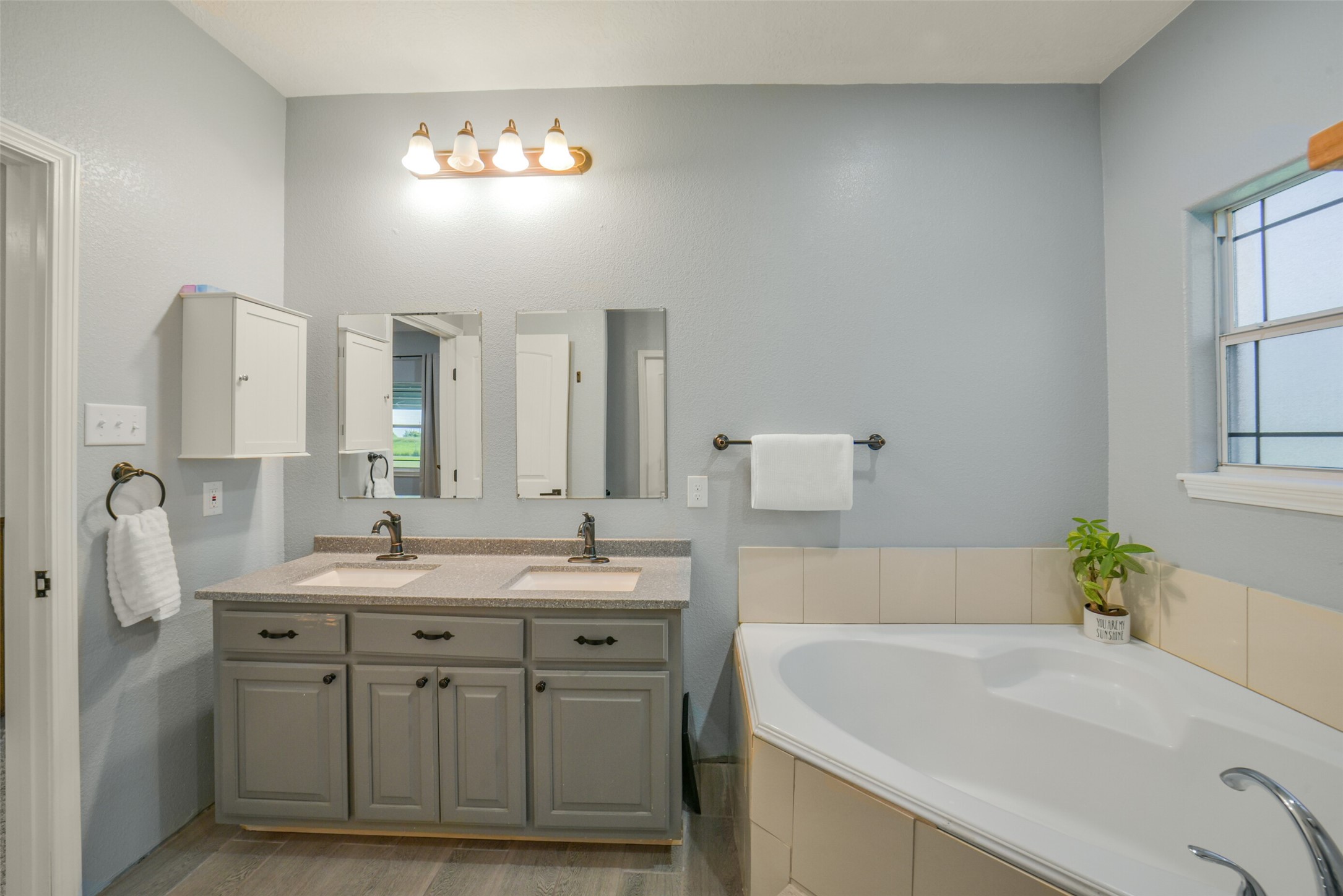 11301 South FM 441 Road El Campo, TX 77437 - Photo 20 of 43 The primary bathroom features a modern design with a dual-sink vanity, grey cabinetry, and a spacious corner bathtub. It has a large window for natural light, creating a bright and inviting atmosphere.