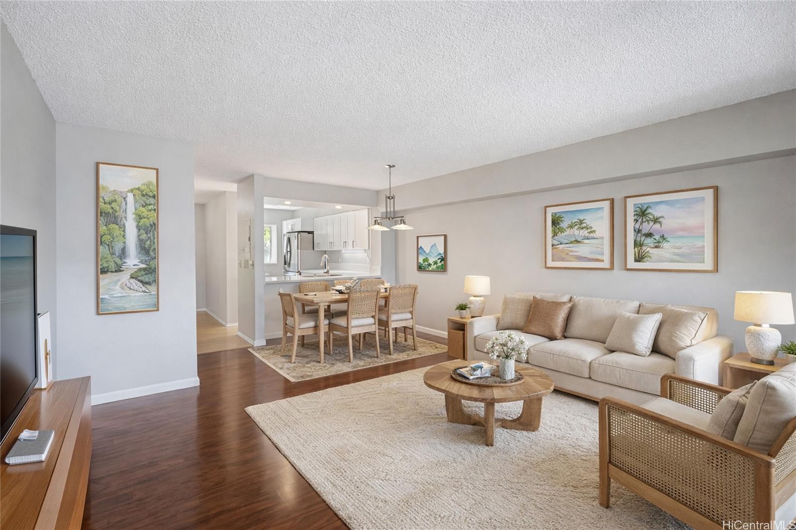 a living room with furniture and a table